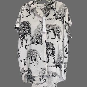 Jane + Delancey Women's XL Top Blouse Hi Low White Black Cheetah Tiger Safari